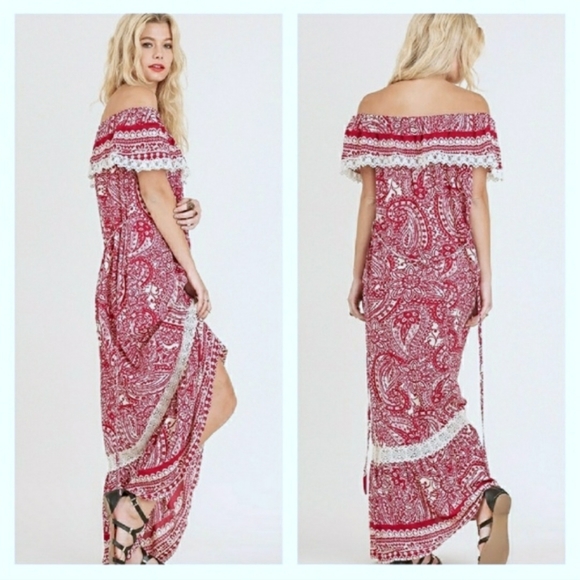 Umgee Dresses & Skirts - Umgee Off Shoulder Red & White Boho Maxi Dress